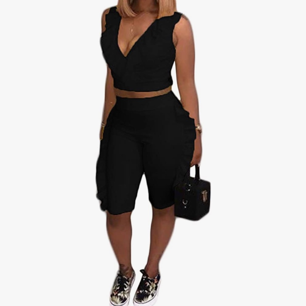 Two Pieces Outfits Sleeveless V Neck Crop Tops and Shorts Pants Set Tracksuit
